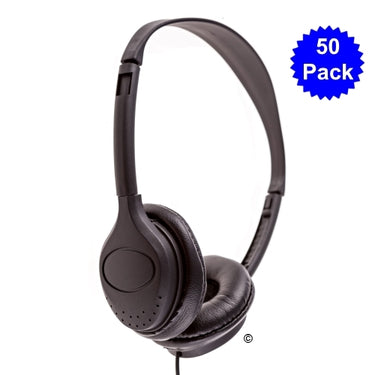 50 Pack School Headphones featuring soft earpads and adjustable headband for comfort and durability in classrooms.
